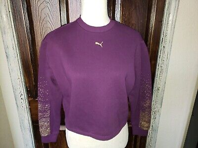PUMA Women’s Cropped Pullover  Purple Gold Sweatshirt Color Block Oversized XS