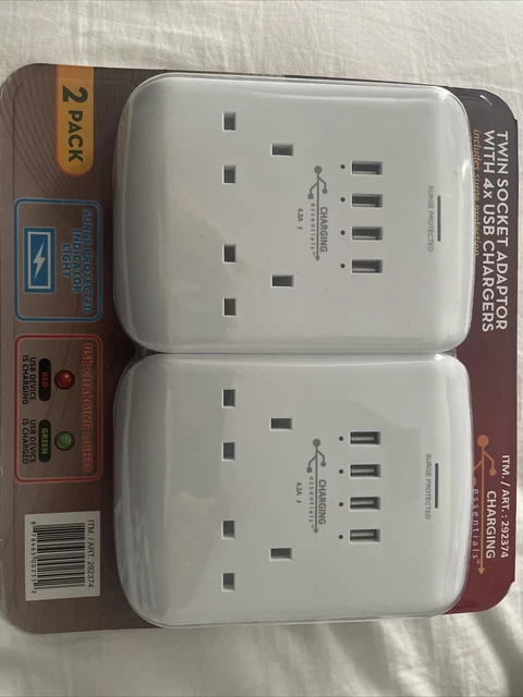 Charging Essentials Adattatore Doppia Socket con 4 Caricabatterie USB, Surge Protection x2