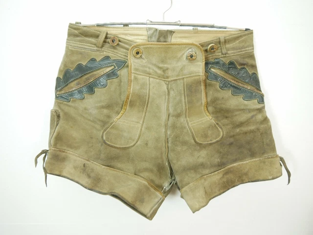 Klassische kurze Pfadfinder Lederhose Eichenlaub Besatz grau stark speckig Gr.48
