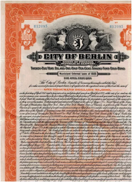 City of Berlin, 1925, $1000 Gold Bond, cancelled, orange, VF- see scans