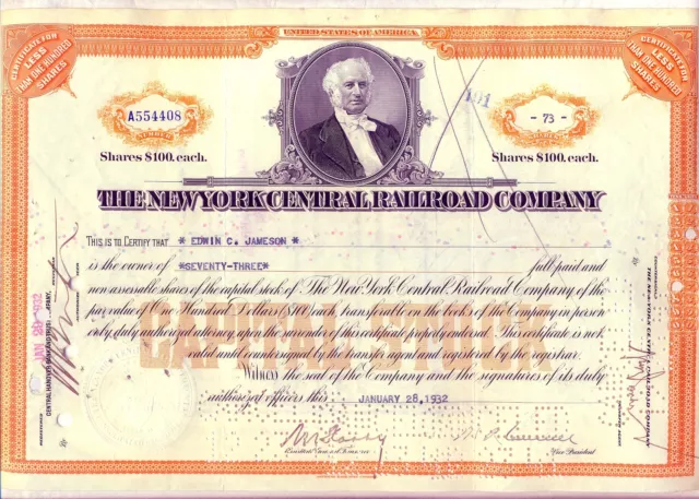 New York Central Railroad Stock Certificate 1930's Orange