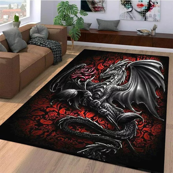 Dragon With Rose Print Non-slip Rug Floor Mat Doormat Carpet Bedroom Living Room