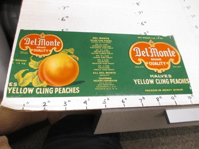 DEL MONTE yellow cling peach fruit 1930s metal tin can food paper label 1lb 13oz