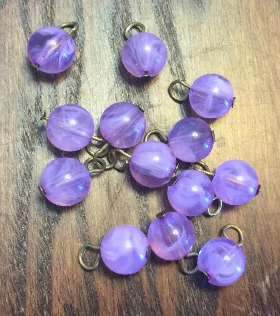 Vintage Metal Brass Loops Purple Lavender Givre Round Lucite Bead Drops Charms
