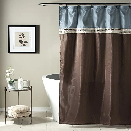 Terra Color Block Shower Curtain Fabric Striped Neutral Blue & Chocolate