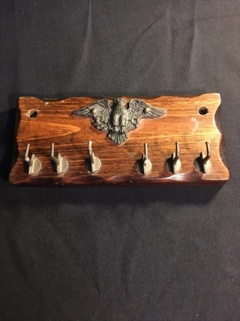 Wooden Key Holder Patriotic Eagle w/ 6 Square Hooks Wall Mount Routered Edge