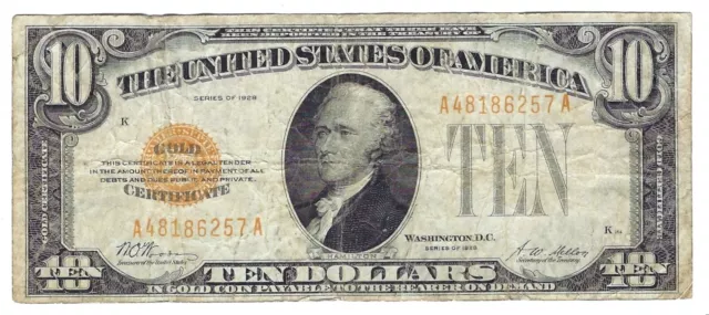 1928 $10 Gold Certificate, Middle Grade, Better, Original Ten Dollar Type Note