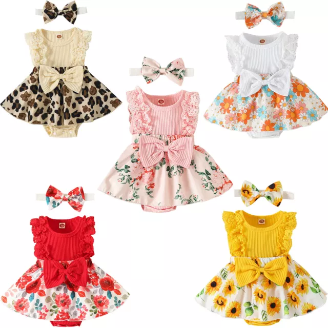 Baby Girl Summer Outfits Floral Romper Dress Newborn Clothes Bowknot Headband
