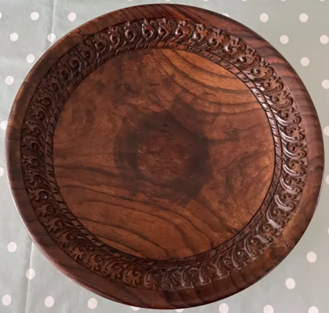 Vintage round carved Wooden serving bowl nice Patina Floral Design