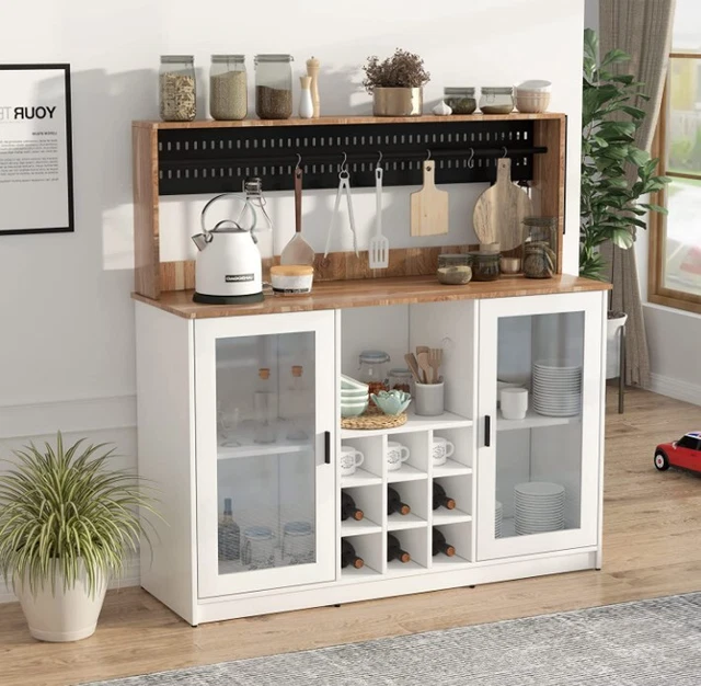 Coffee Bar Cabinet Microwave Storage Stand w/Wine Rack Kitchen Bakers Racks US