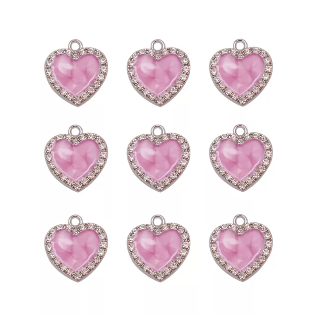 10 pcs Rhinestones Heart Charm Pink Enamel Pendant Earring DIY Crafts 18x17 mm