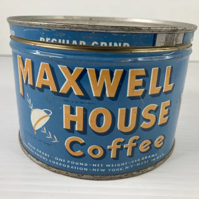 Vintage Maxwell House Coffee Tin Key Wind 1 Pound Can with Lid