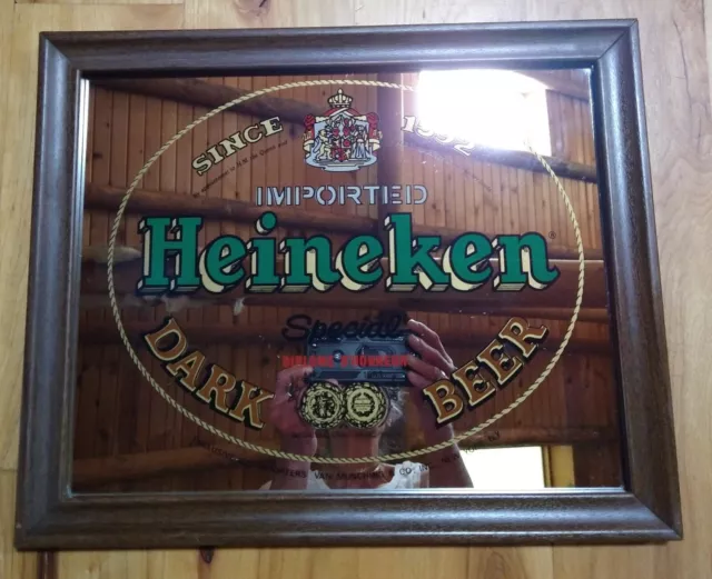 VINTAGE HEINEKEN IMPORTED DARK BEER WOOD FRAMED MIRROR SIGN BRYTONE-14" x 17"