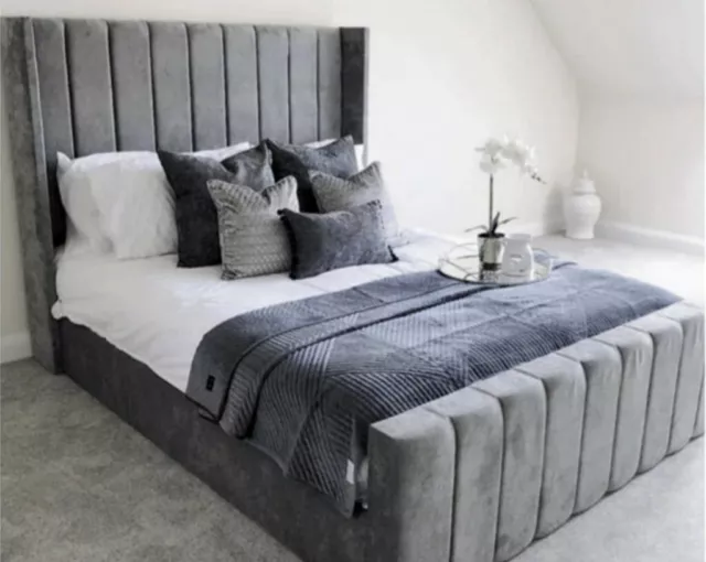 WINGED PLUSH VELVET Bed Frame Single Double King Grey Plush Panel