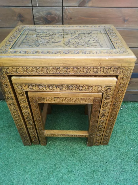 Vintage Wooden Nest Of Tables (3) Decorative Hand Carved With Glass Tops Inserts