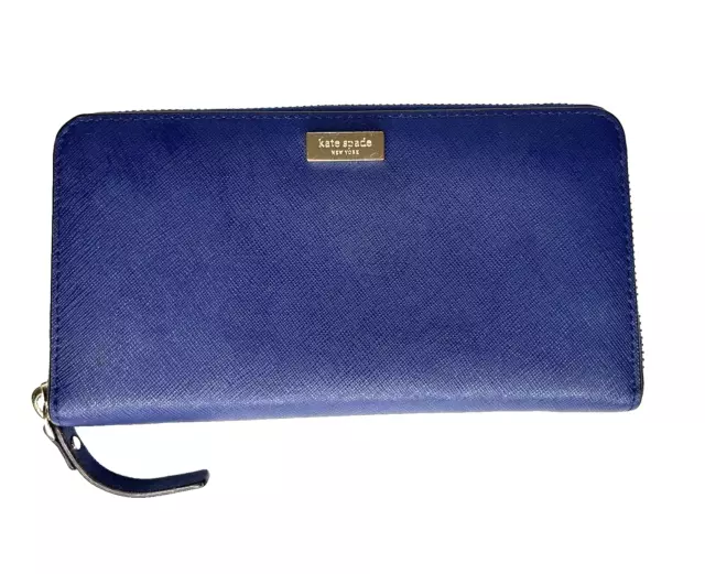 KATE SPADE Blue Crossgrain Leather Zip Around Clutch Wallet