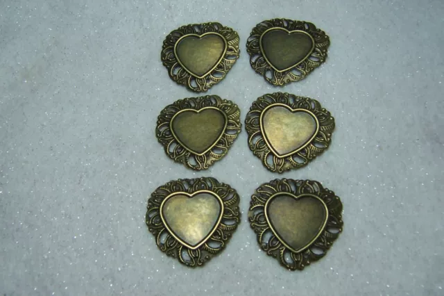 6 lightweight thin Antique Bronze heart metal setting blanks filigree stamping