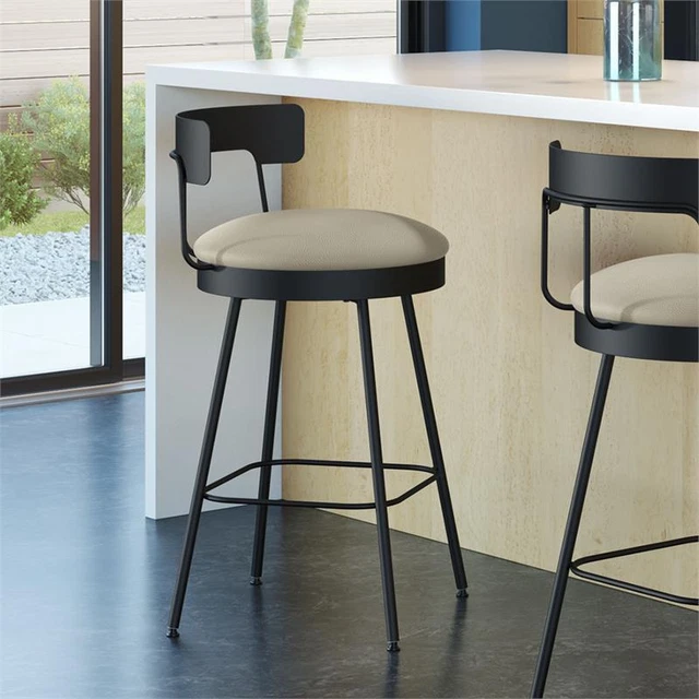 Amisco Monza 26 In. Swivel Counter Stool - Greige Faux Leather / Black Metal