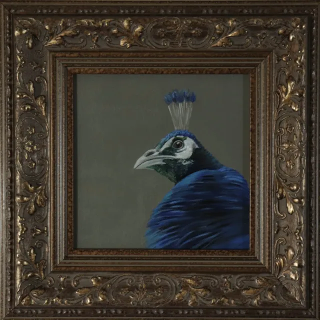 Peacock Portrait Original Oil Painting, Bright Blue Bird Painting Framed