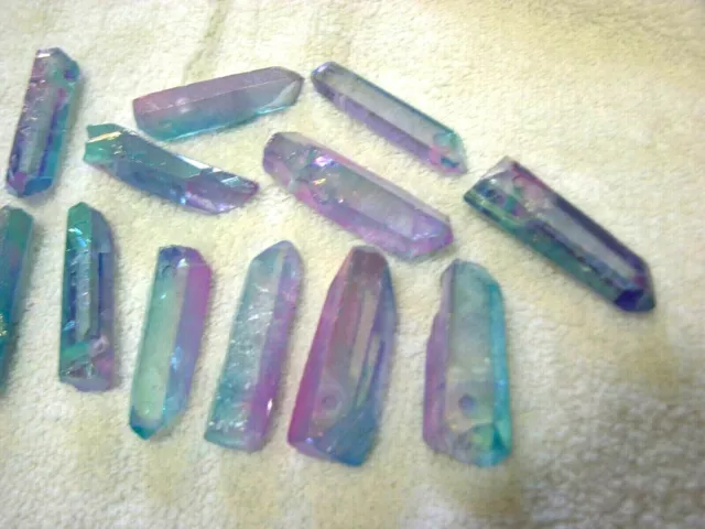 Aqua Aura tri-color terminated crystal 2" pendant drilled larger 2 crystal lot