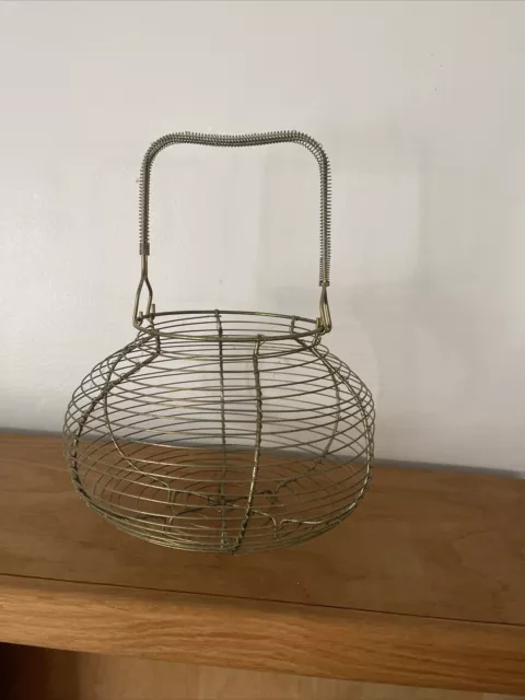 Vintage Wire Egg Basket Footed With Coil Covered Handle French Country Farmhouse