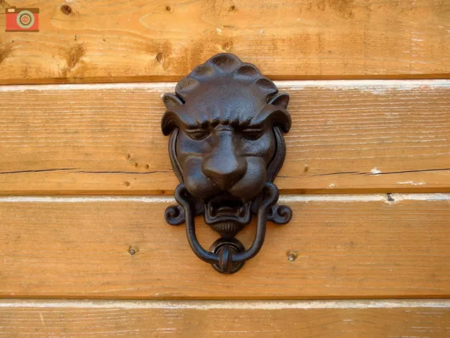 LION HEAD DOOR KNOCKER, CAST IRON WITH STRIKER Traditional Vintage Antique Style