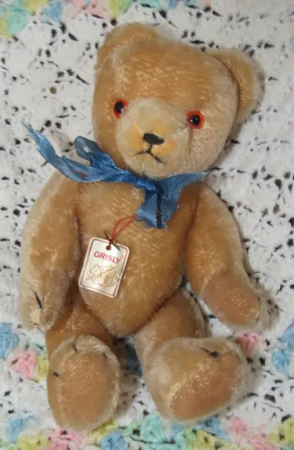 Vintage Honey Mohair Teddy Bear German Grisly Blue Neck Ribbon Rare Tags 12"