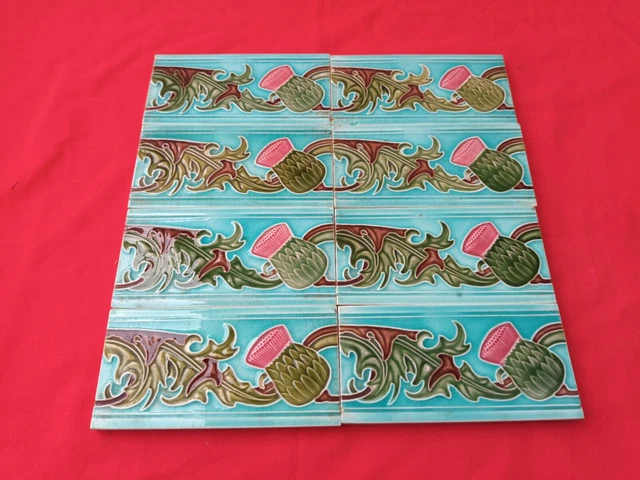 8 Piece Old Art Flower Design Majolica Ceramic Tiles Japan 0102 3