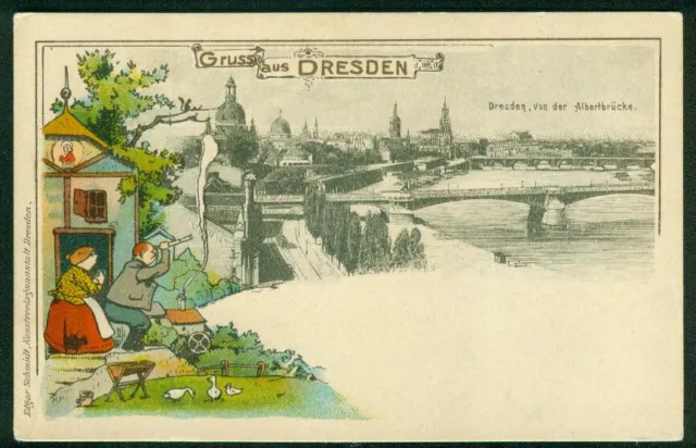 Litho / Lithografie: Dresden mit Albertbrücke (Druck: Hub. Köhler, München)