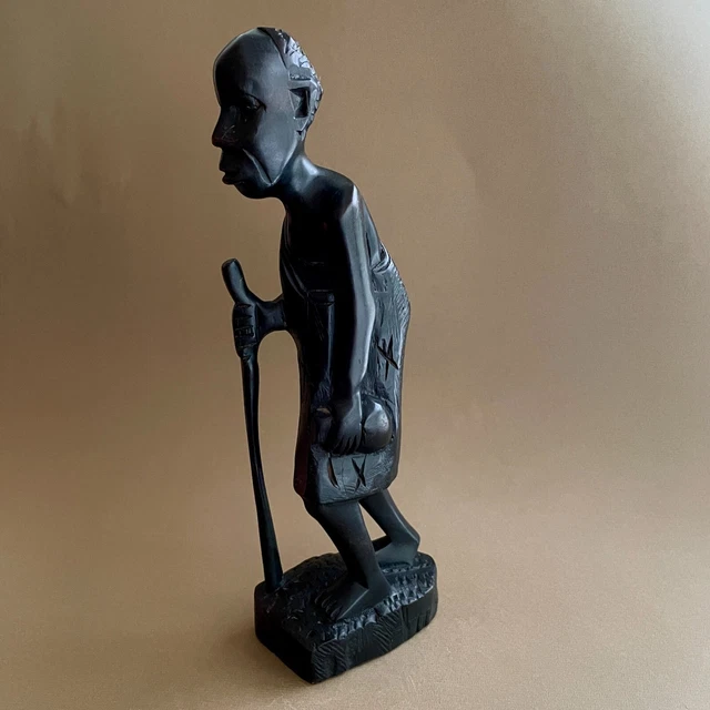 Vintage AFRICAN Hand-Carved Wood Tribal Man w/Staff Statue - Made in NIGERIA 14"