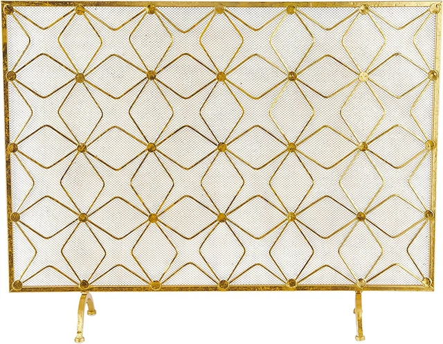 Metal Geometric Star Patterned Single Panel Fireplace Screen with Mesh Netting