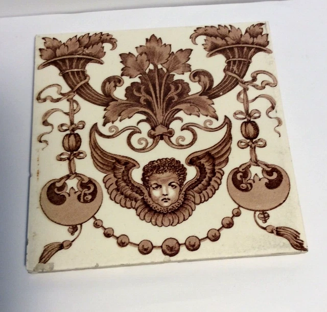 Antique Wall Tile Victorian  Art Nouveau Cherub Brown & Cream. R&N