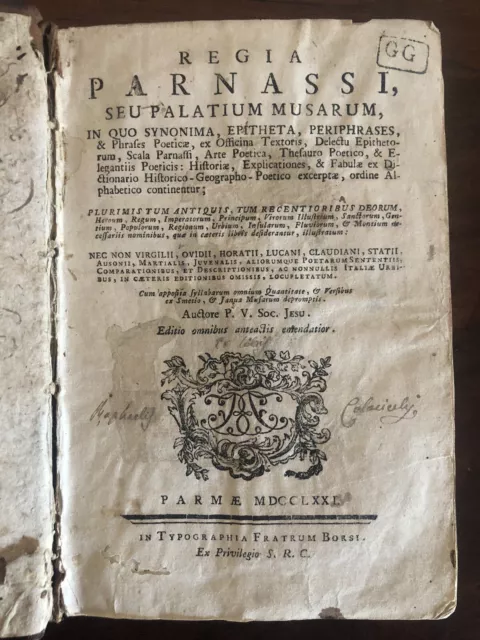 REGIA PARNASSI SEU PALATIUM MUSARUM IN QUO SYNONIMA - Edizione 1771