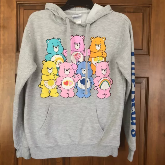 Care Bears Light Gray Long Logo Sleeve Hoodie Sweatshirt Juniors Size Medium EUC