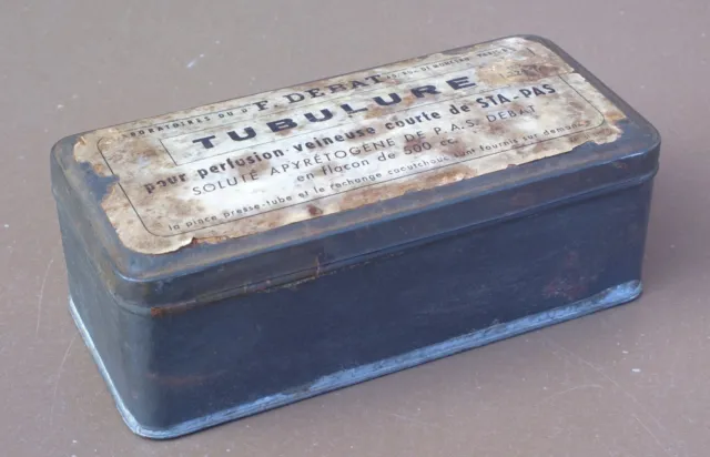 Ancienne boite métal TUBULURE DOCTEUR F. DEBAT papier collé old metal box DOCTOR