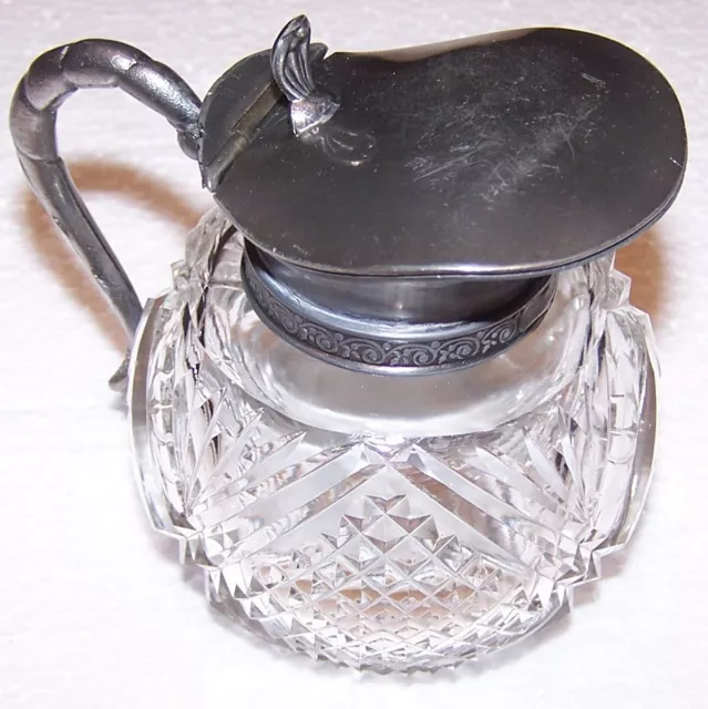 Vintage Antique Cut Glass Syrup Pitcher Silverplate Hinged Lid