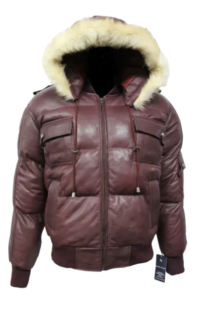 Men's ARTIC PILOT Cherry Puffer Jacket Fur Hooded Bomber Real Lambskin Leather