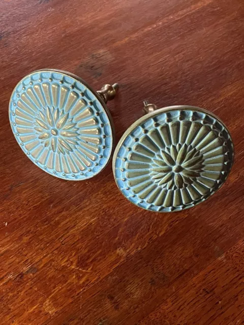 2 Large 3,75” Antique Brass Drapery Curtain Tieback Screw Turquoise Vintage