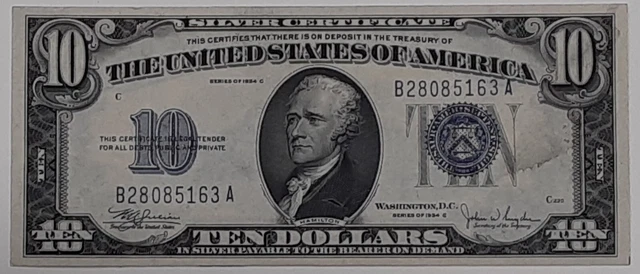 Series 1934-C $10 Silver Certificate B-A Block Fr. 1704 - EF w/Stains