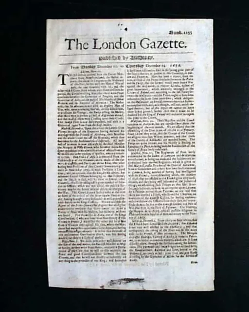 Very EARLY Rare 17th Century 345 Years Old LONDON GAZETTE England 1676 Newspaper 2