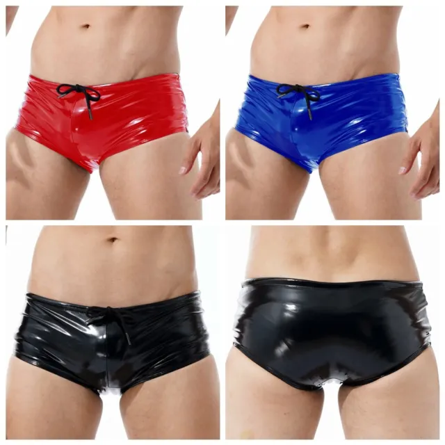 Men's Wet Look Leather Boxer Shorts Jackstrap Shiny Underwear Low Rise Briefs