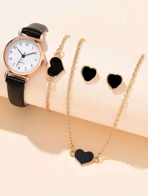 Ladies Watch With Bracelet & 3Pcs Jewellery Set Black Heart Decor Gift For Women