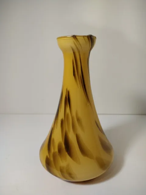 Studio Art Glass Hand Blown Vase Amber Tiger Swirls with Encased White Glass