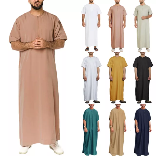 S-5XL Mens Muslim Full Length Short Sleeve Jubba Thobe Islamic Jubba Kaftan UK