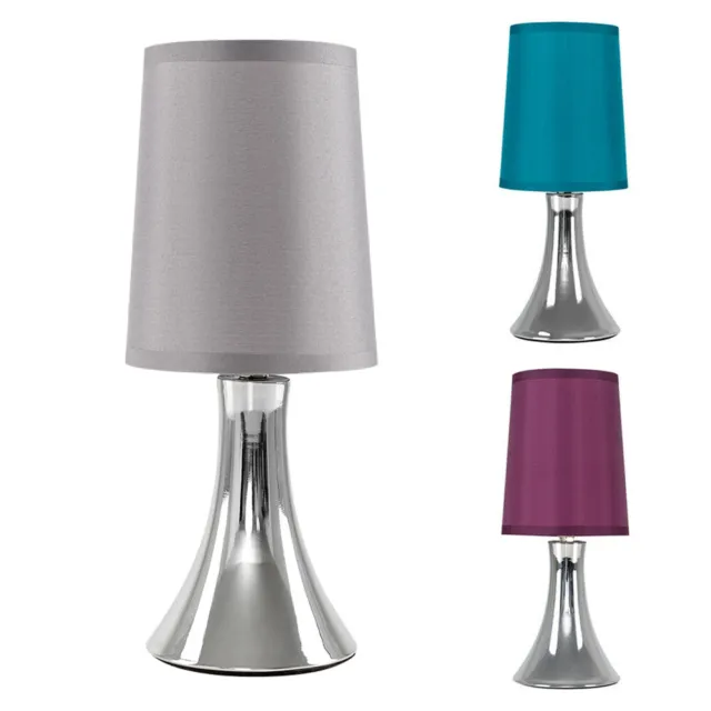 Chrome Touch Table Lamp 31CM Bedside Dimmable Light Fabric Shade & LED Bulb