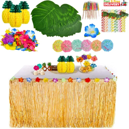 Hawaiian 119 Pieces Tiki Party Decoration Luau Grass Table Skirt Set.