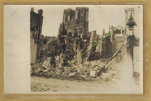 RPPC Reims Military Soldiers Ruins 1918 Cathedral Photo Card m0158