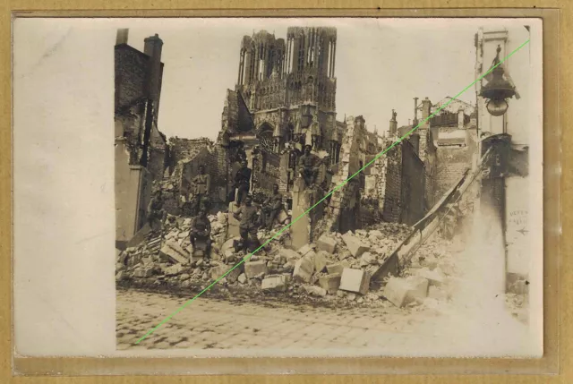 RPPC Reims Military Soldiers Ruins 1918 Cathedral Photo Card m0158