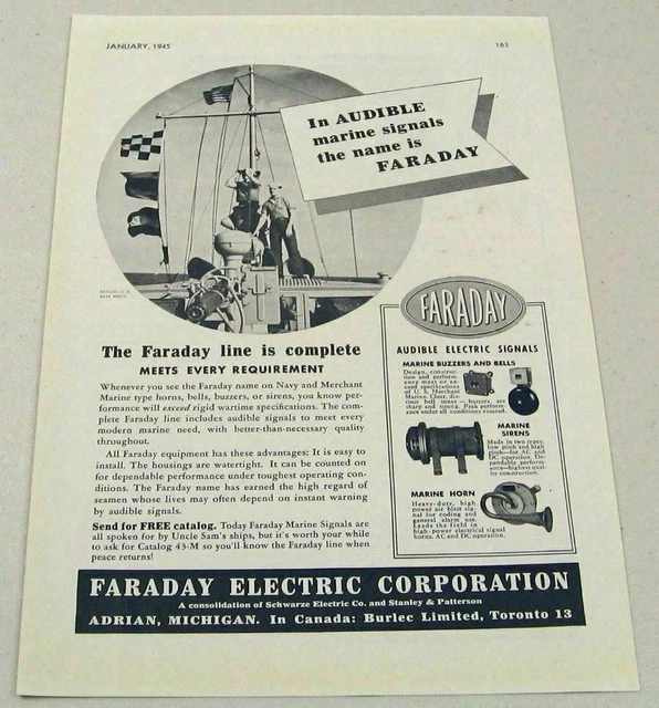 1945 Print Ad Faraday Electric Audible Signals Navy & Merchant Marine Adrian,MI