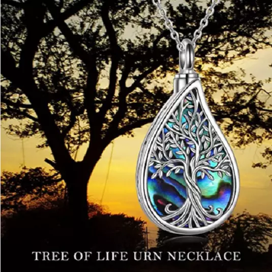 CREMATION URN TEAR DROP ASHES TREE LIFE pendant 22" 925 Sterling Silver Necklace